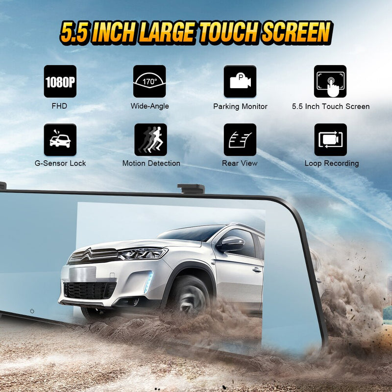 HD 1080P 5.5" Car Dash Cam Ultra-thin Touch Screen Auto Rereview Mirror Video Recorder Dual Camera