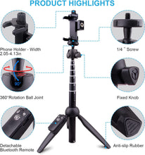 Load image into Gallery viewer, YUNTENG YT-9928N 2 in 1 Extra Long Extendable up to 47cm Selfie Stick Tripod Bluetooth, Phone Tripod Monopod with Wireless Remote Shutter and Tripod Stand Compatible Phone, Go Pro, Light Weight Camera
