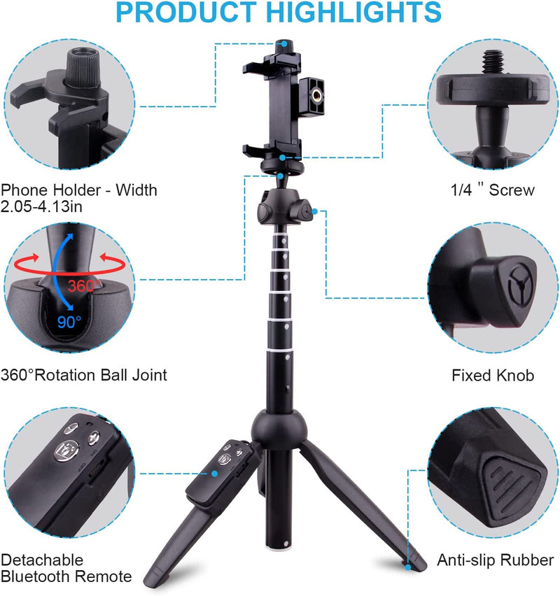 YUNTENG 9928N 2 in 1 Extra Long Extendable up to 47cm Selfie Stick Tripod Bluetooth, Phone Tripod Monopod with Wireless Remote Shutter and Tripod Stand Compatible Phone, Go Pro, Light Weight Camera