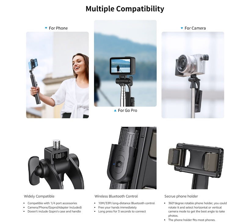 Bluetooth Selfie Stick Tripod, Extendable Selfie Stick up to 160cm with Wireless Remote & Mini Tripod Stand, Stainless Steel 360° Rotation Phone Holder for Phone Go Pro Light Weight Camera