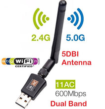 Load image into Gallery viewer, Dual Band 600Mbps USB WIFI Network Adapter + 5DBI Antenna (Driver Free)
