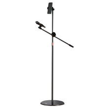 Load image into Gallery viewer, Universal Mobile Phone Stand Aluminum Alloy Height Extendable 83cm~160cm Sturdy Base 26cm Diameter with Microphone Boom Arm
