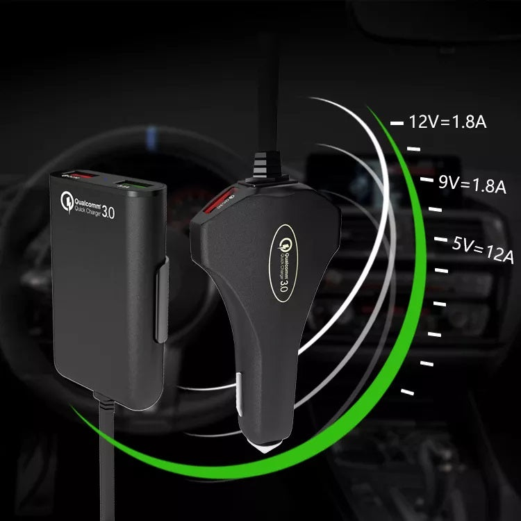 60W 12A USB Car Charger 4 Ports Mobile Phone QC 3.0 Fast Charging Charger 1.7m Extension CABLE  Rear Back Seat USB Car Adapter Adapter