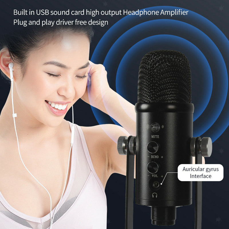 USB Condenser Microphone HIFI DSP Noise Reduction Reverberation Adjustable Built-In Sound Card