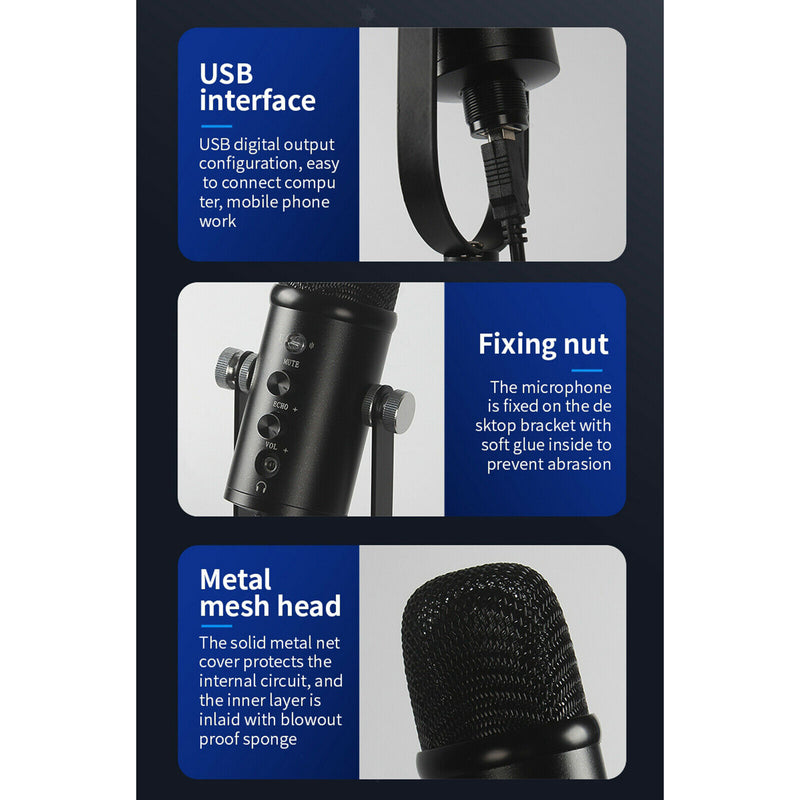 USB Condenser Microphone HIFI DSP Noise Reduction Reverberation Adjustable Built-In Sound Card with Stand