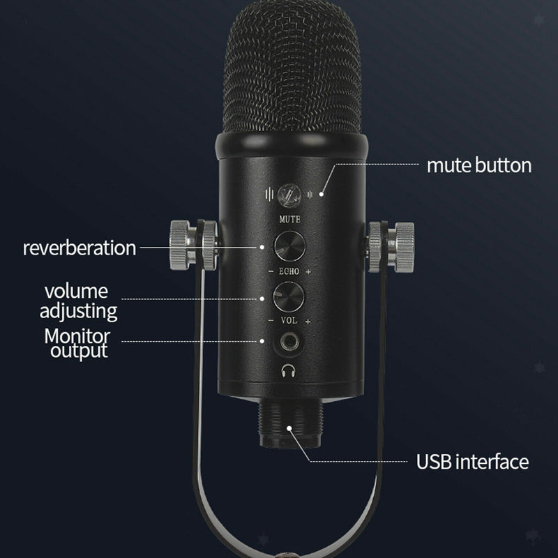 USB Condenser Microphone HIFI DSP Noise Reduction Reverberation Adjustable Built-In Sound Card with Stand