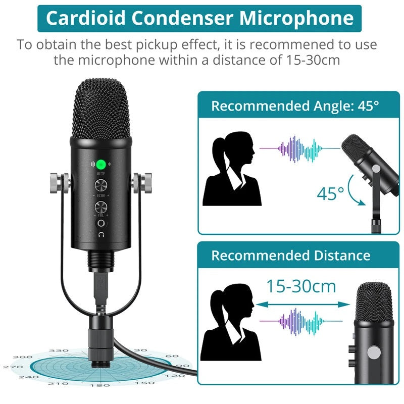 USB Condenser Microphone HIFI DSP Noise Reduction Reverberation Adjustable Built-In Sound Card with Stand