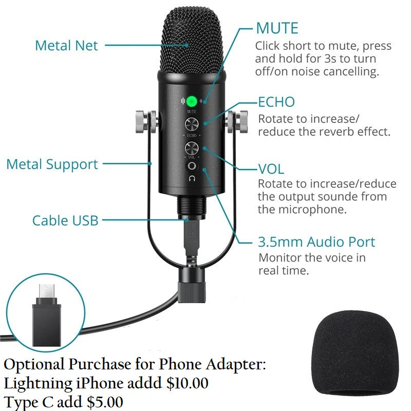 USB Condenser Microphone HIFI DSP Noise Reduction Reverberation Adjustable Built-In Sound Card