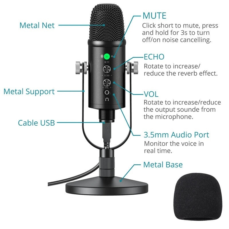 USB Condenser Microphone HIFI DSP Noise Reduction Reverberation Adjustable Built-In Sound Card with Stand