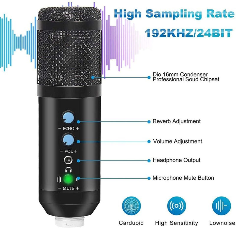 USB Condenser Microphone HIFI DSP Noise Reduction Reverberation Adjustable Built-In Sound Card with Stand