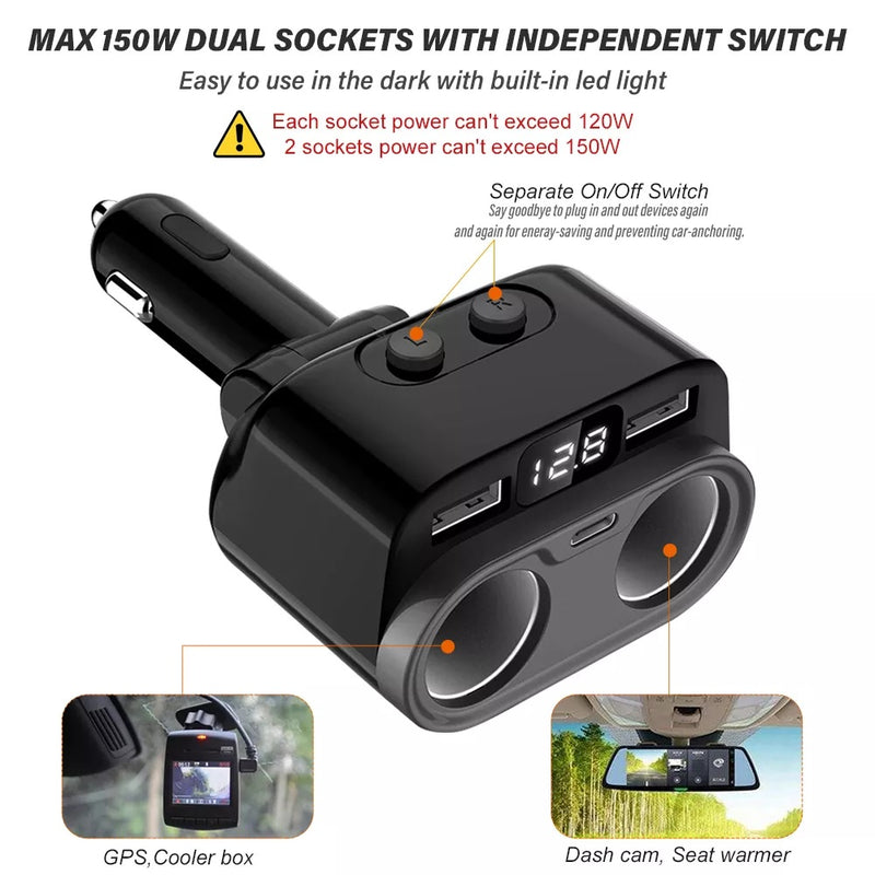 150W Car Charger12V/24V 2Socket Cigarette Lighter Adapter Multi Power Splitter 18W PD Fast 6.8A Dual USB Outlet for GPS Dash Cam