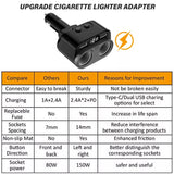 150W Car Charger12V/24V 2Socket Cigarette Lighter Adapter Multi Power Splitter 18W PD Fast 6.8A Dual USB Outlet for GPS Dash Cam