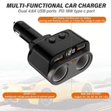 150W Car Charger12V/24V 2Socket Cigarette Lighter Adapter Multi Power Splitter 18W PD Fast 6.8A Dual USB Outlet for GPS Dash Cam