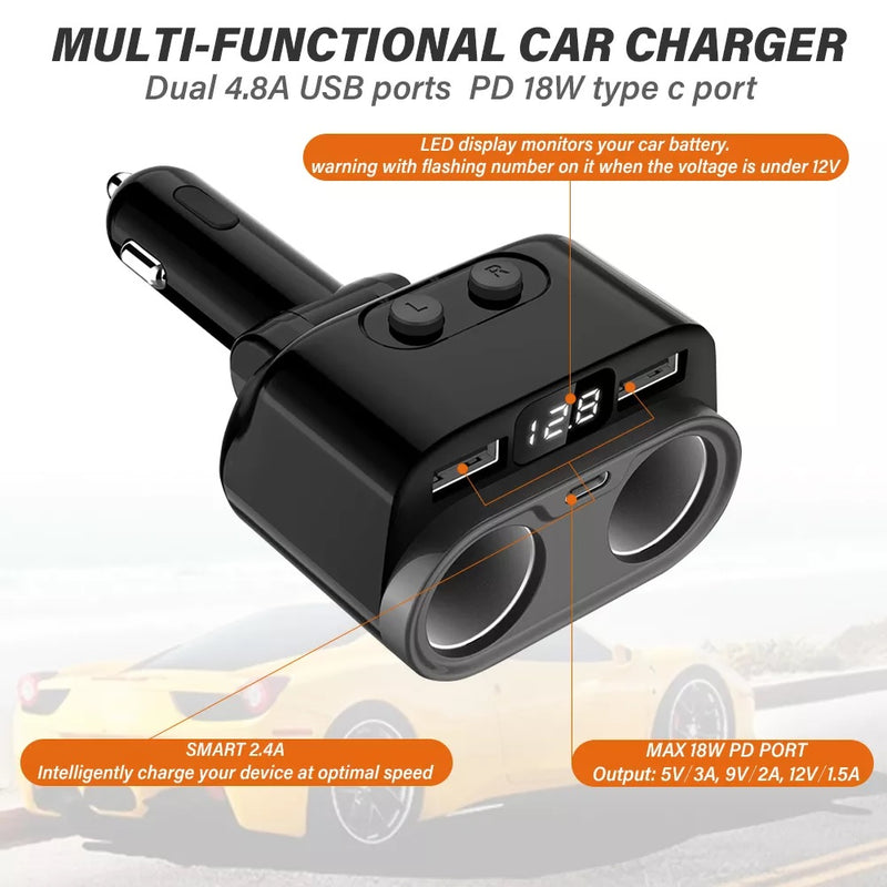 150W Car Charger12V/24V 2Socket Cigarette Lighter Adapter Multi Power Splitter 18W PD Fast 6.8A Dual USB Outlet for GPS Dash Cam