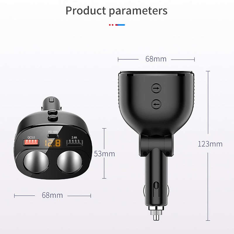 2 Cigarette Lighter Splitter 2-USB Charger & Type-C /Fast Charge for Android/iOS LED Voltmeter