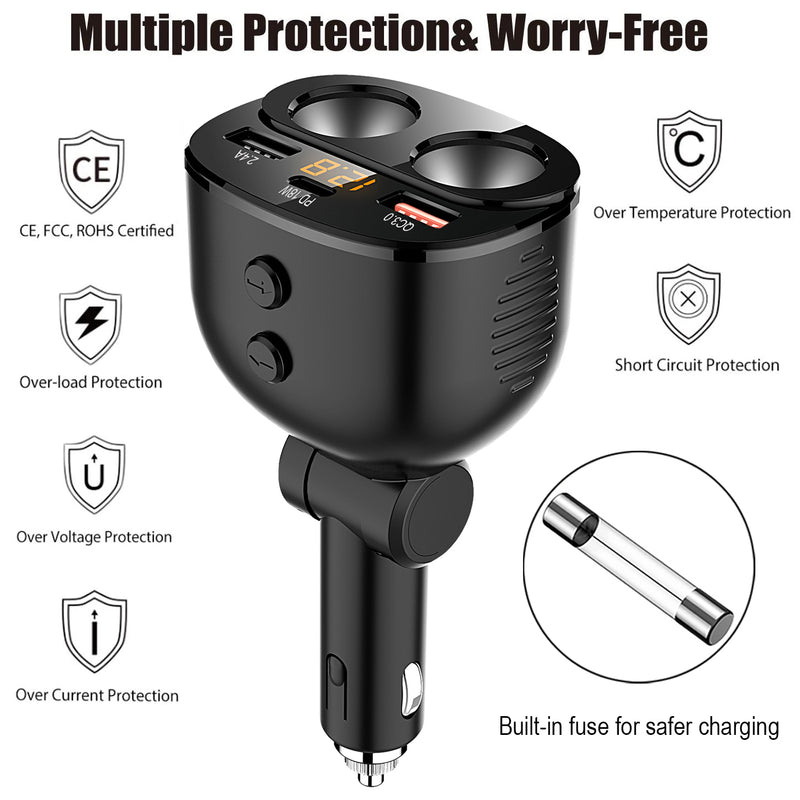 2 Cigarette Lighter Splitter 2-USB Charger & Type-C /Fast Charge for Android/iOS LED Voltmeter