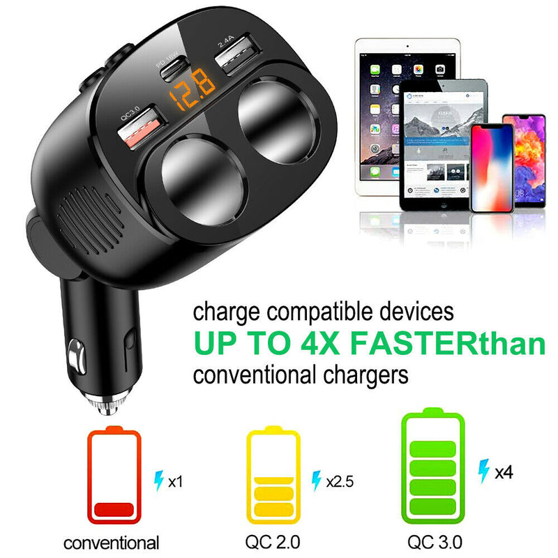 2 Cigarette Lighter Splitter 2-USB Charger & Type-C /Fast Charge for Android/iOS LED Voltmeter