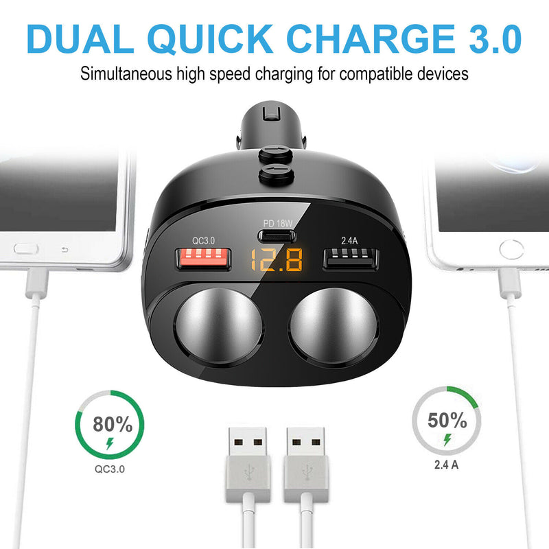 2 Cigarette Lighter Splitter 2-USB Charger & Type-C /Fast Charge for Android/iOS LED Voltmeter