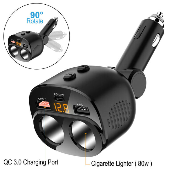 2 Cigarette Lighter Splitter 2-USB Charger & Type-C /Fast Charge for Android/iOS LED Voltmeter