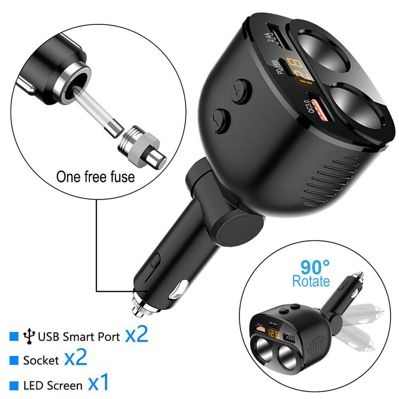 2 Cigarette Lighter Splitter 2-USB Charger & Type-C /Fast Charge for Android/iOS LED Voltmeter