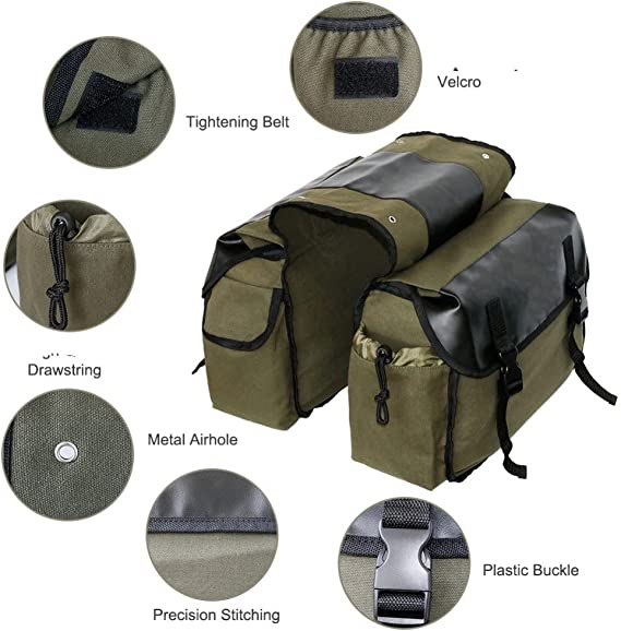 Large Capacity Double Panniers Bag Canvas Bicycle Rear Seat Storage Trunk Bag Travel Khaki (30 Liter)