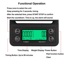 Load image into Gallery viewer, Digital Electronic Multifuntion Coffee &amp; Kitchen Scale with Built In Timer &amp; Silicone Mat 1G/3KG
