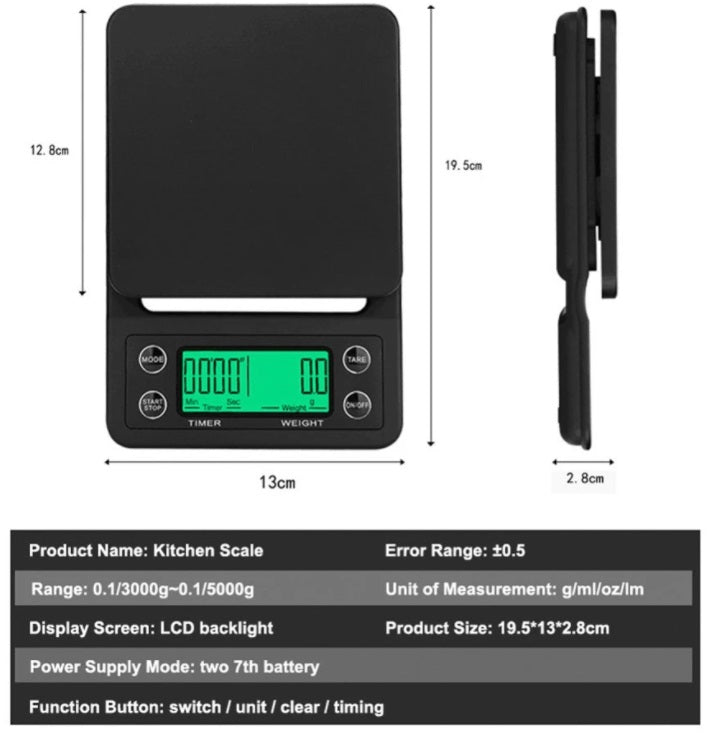 Digital Electronic Multifuntion Coffee & Kitchen Scale with Built In Timer & Silicone Mat 1G/3KG