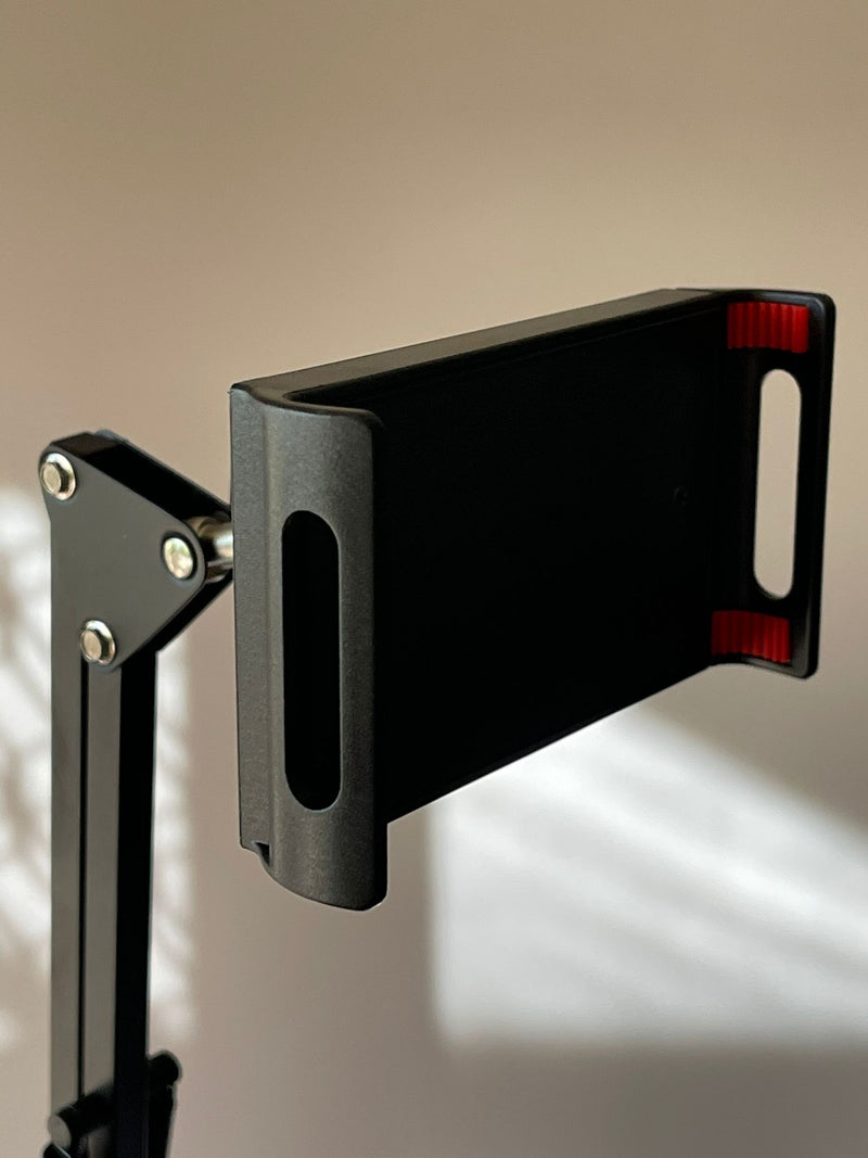 Table Bench Bed Side Phone & Tablet Mount with Big Base Solid Metal (1.17kg) Flexible Arm 2x25cm support size up to 10"