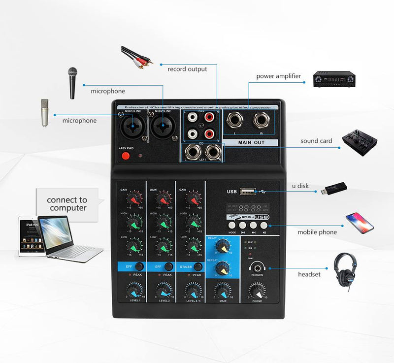 Audio Mixer 4 Channel Bluetooth Mixer Professional Karaoke With USB Amplifier Sound Mixing Console