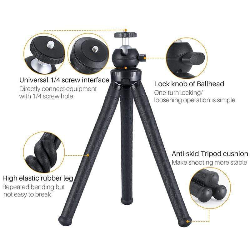 Mini Octopus Multifunctional Flexible Tripod Holder with Ball Head & Phone Clamp (Length 30cm) for Phone, Go Pro, Light Camera