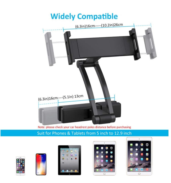 Car Headrest Mount Holder for Phone & Tablet Size up to 13 Inch With Stretchable Long Arm