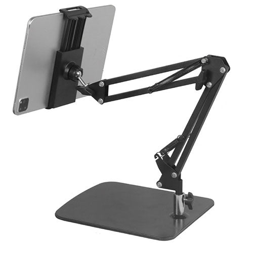 Table Bench Bed Side Phone & Tablet Mount with Big Base Solid Metal (1.17kg) Flexible Arm 2x25cm support size up to 10"