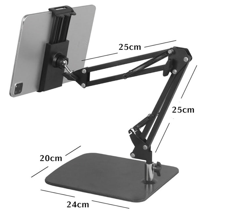 Table Bench Bed Side Phone & Tablet Mount with Big Base Solid Metal (1.17kg) Flexible Arm 2x25cm support size up to 10"