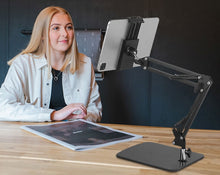 Load image into Gallery viewer, Table Bench Bed Side Phone &amp; Tablet Mount with Big Base Solid Metal (1.17kg) Flexible Arm 2x25cm support size up to 10&quot;
