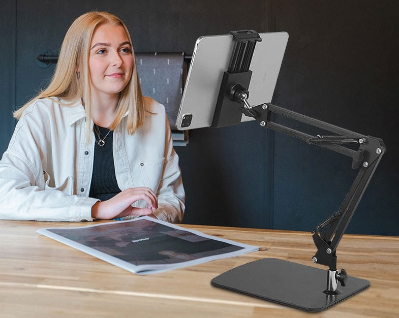 Table Bench Bed Side Phone & Tablet Mount with Big Base Solid Metal (1.17kg) Flexible Arm 2x25cm support size up to 10"