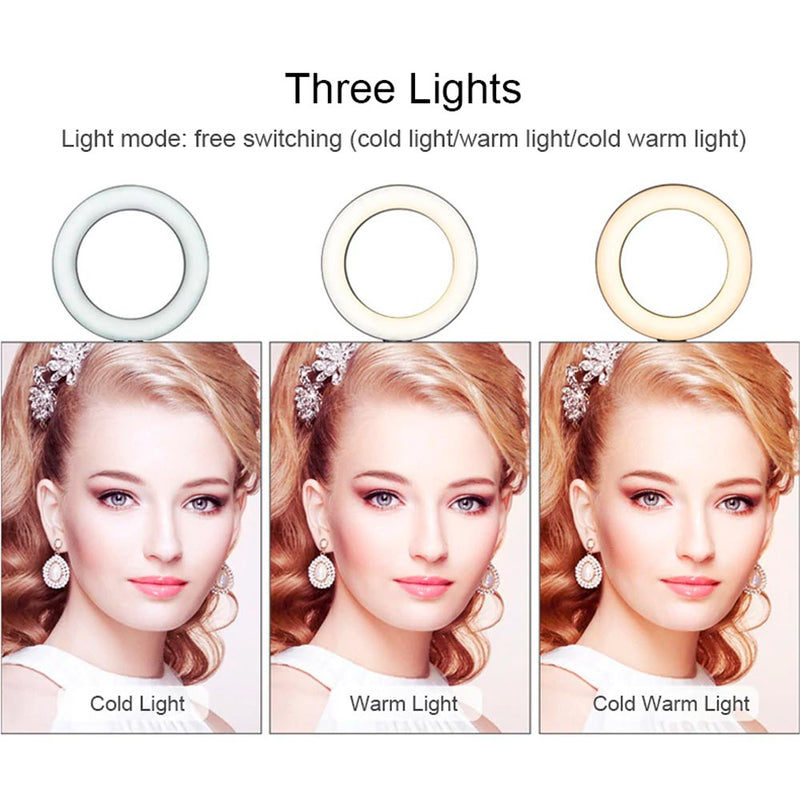 16cm Live Dimming Ring LED Beauty 3 Light Mode Selfie Light with Height Adjustable Tripod