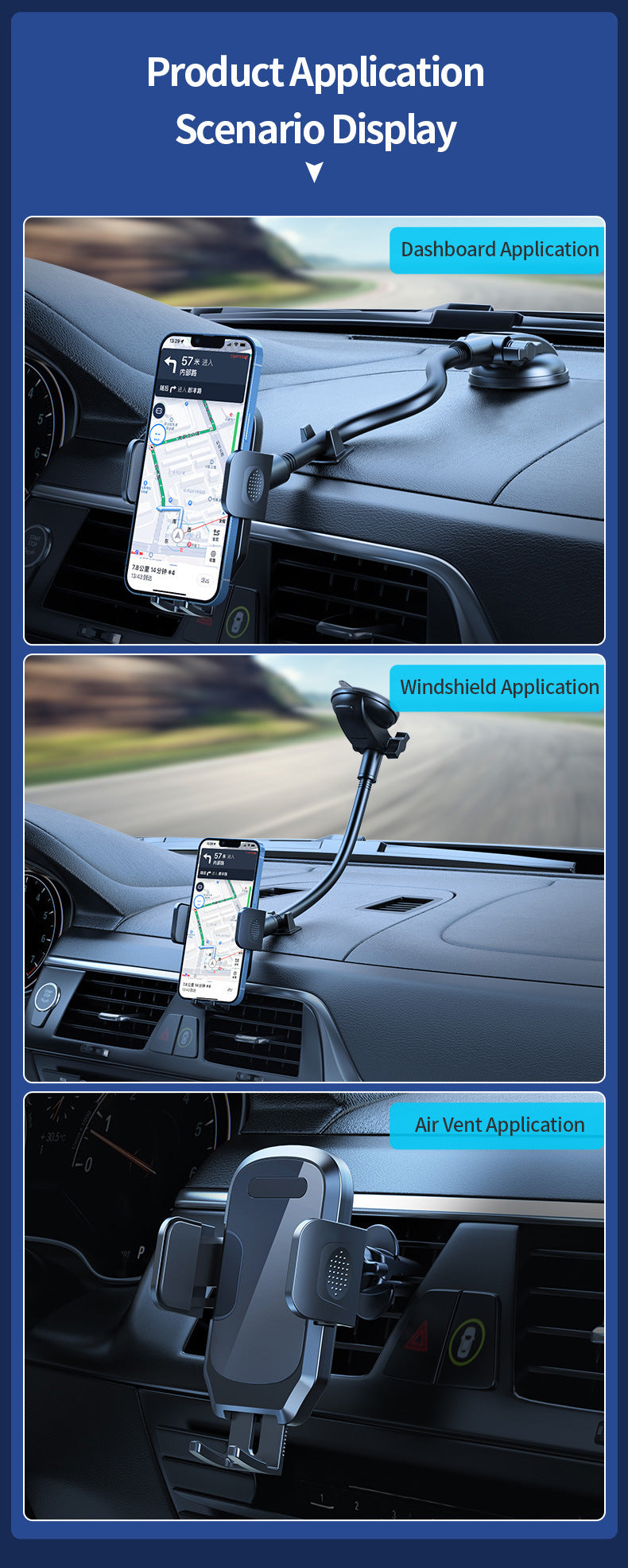 Extra Long 38cm Flexible Gooseneck 360° Dashboard Windshield Mount Car Phone Holder Extended Arm to 11cm Width