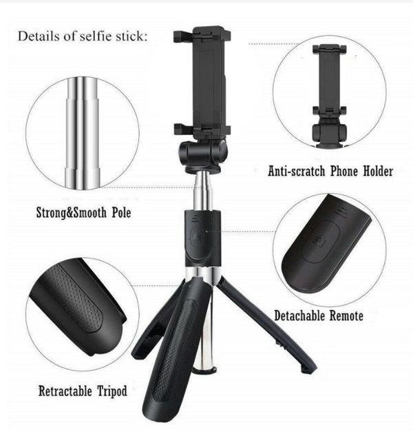 Bluetooth 360° Adjustable Selfie Stick Monopod with Tripod 2in1 (18.6cm-70cm/155g) Phone Size up to 6.2"