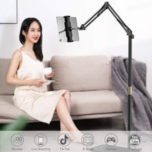Load image into Gallery viewer, Phone &amp; Tablet Floor Stand, Adjustable Height Free Angle Extension Scissor Arm, Holder Fits 4.7-12.9 inch iPad Pro Air iPhone Tablet/Phones
