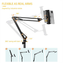 Load image into Gallery viewer, Phone &amp; Tablet Floor Stand, Adjustable Height Free Angle Extension Scissor Arm, Holder Fits 4.7-12.9 inch iPad Pro Air iPhone Tablet/Phones
