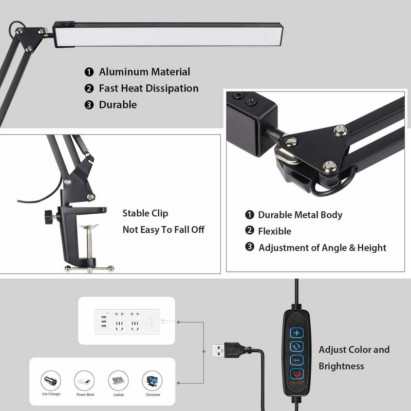 USB Powered LED Desk Lamp 3 Color Modes (Warm, Warm White White Light) 10 Dimmable Brightness with Lazy Spring Arm