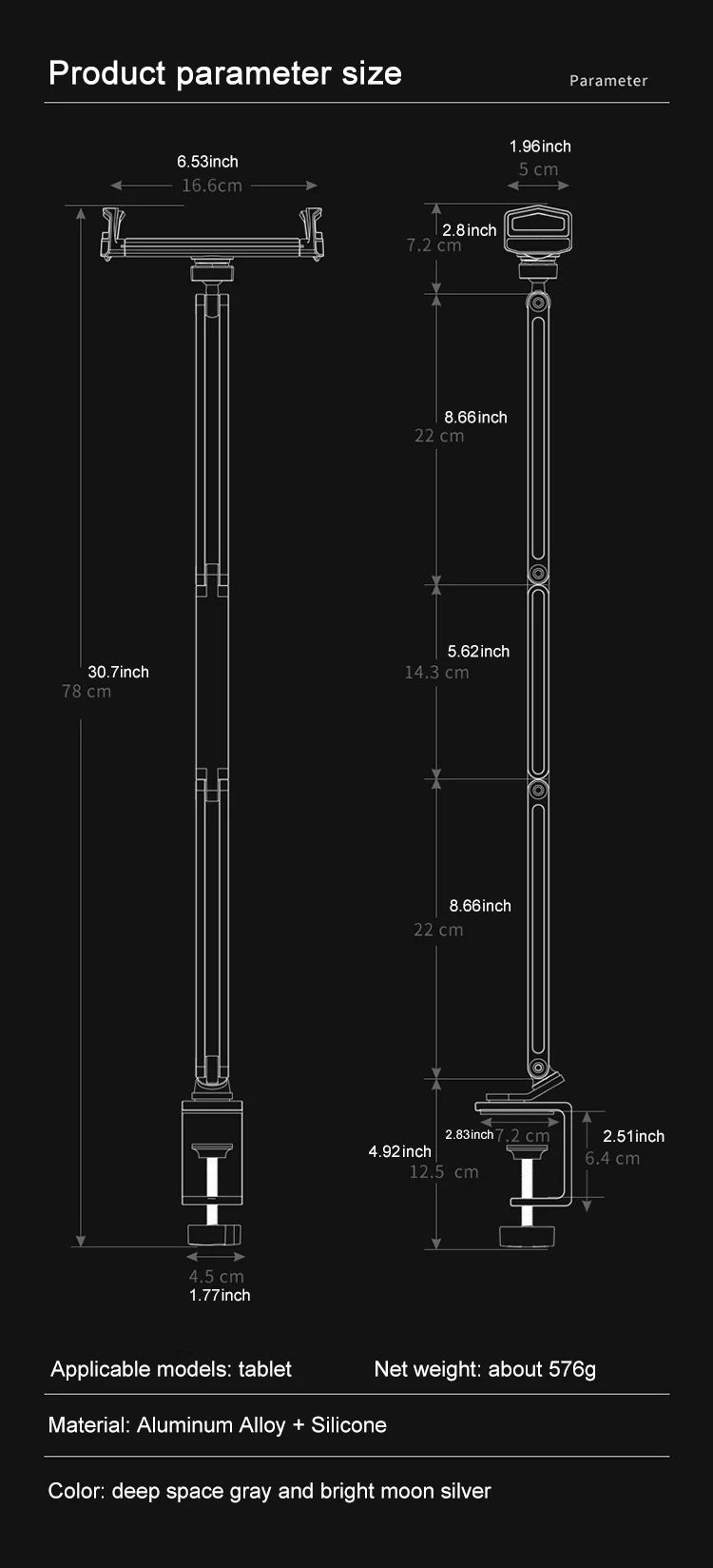 360° Rotation Long Arm Alloy Phone/Tablet Holder up to 13", 3~Shaft Design Multi Angle Adjustable