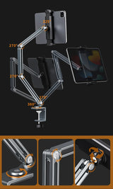 360° Rotation Long Arm Alloy Phone/Tablet Holder up to 13", 3~Shaft Design Multi Angle Adjustable