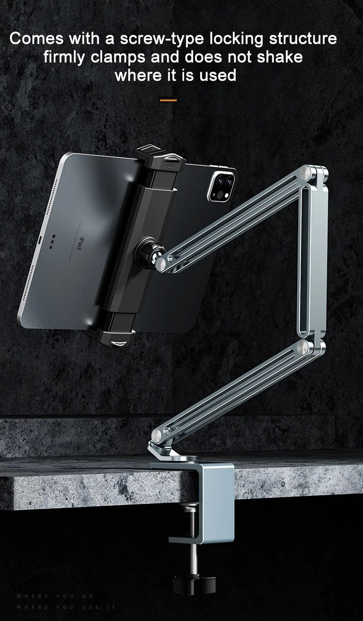 360° Rotation Long Arm Alloy Phone/Tablet Holder up to 13", 3~Shaft Design Multi Angle Adjustable