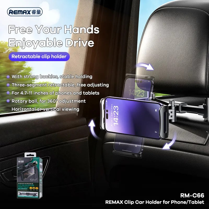 REMAX Retractable Car Back Seat Headrest Clip Holder Support for Phone & Tablet Support up to 11