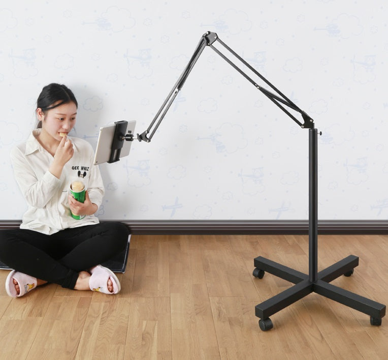 Universal Phone Tablet Holder with Adjustable Long Arm Clamp & Roller Floor Stand