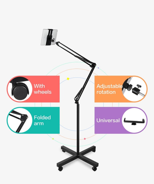 Universal Phone Tablet Holder with Adjustable Long Arm Clamp & Roller Floor Stand