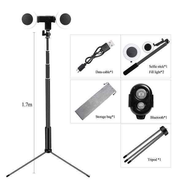 Dual LED Ring Lights with 3 Level Brightness Bluetooth Extendable Selfie Stick (170cm) Metal Stand