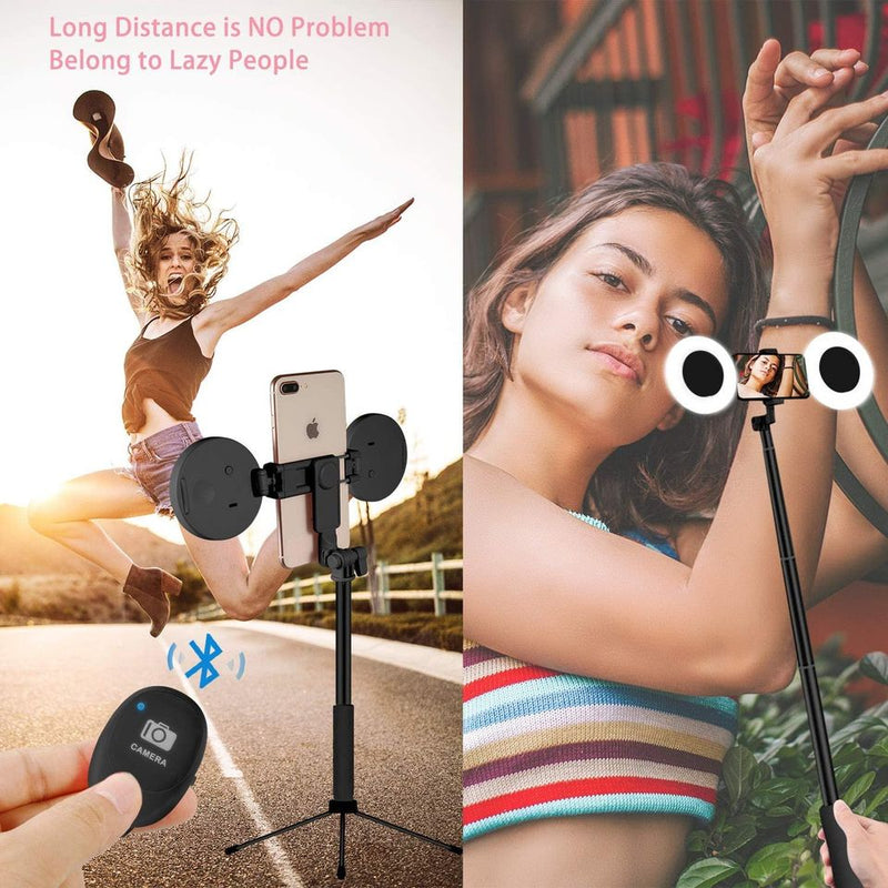 Dual LED Ring Lights with 3 Level Brightness Bluetooth Extendable Selfie Stick (170cm) Metal Stand