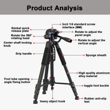 Universal 180cm Camera Tripod Stand 360° for DSLR Cameras & Phones with Universal Compatibility w Phone Mount